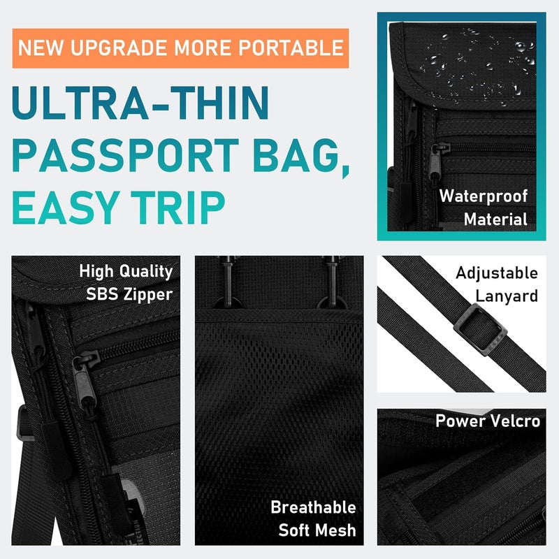 Sundee Travel Neck Wallet with Double Zippers, RFID Blocking Passport Holder with Adjustable Neck Strap for Men and Women to Keep Cash, Credit Cards and Travel Documents Safe - Black - Image 3